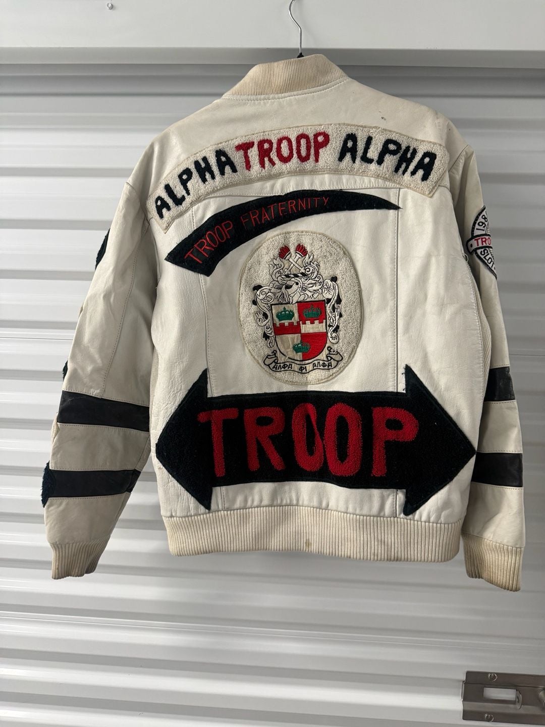 Troop Vintage Leather Bomber Jacket White Black 3