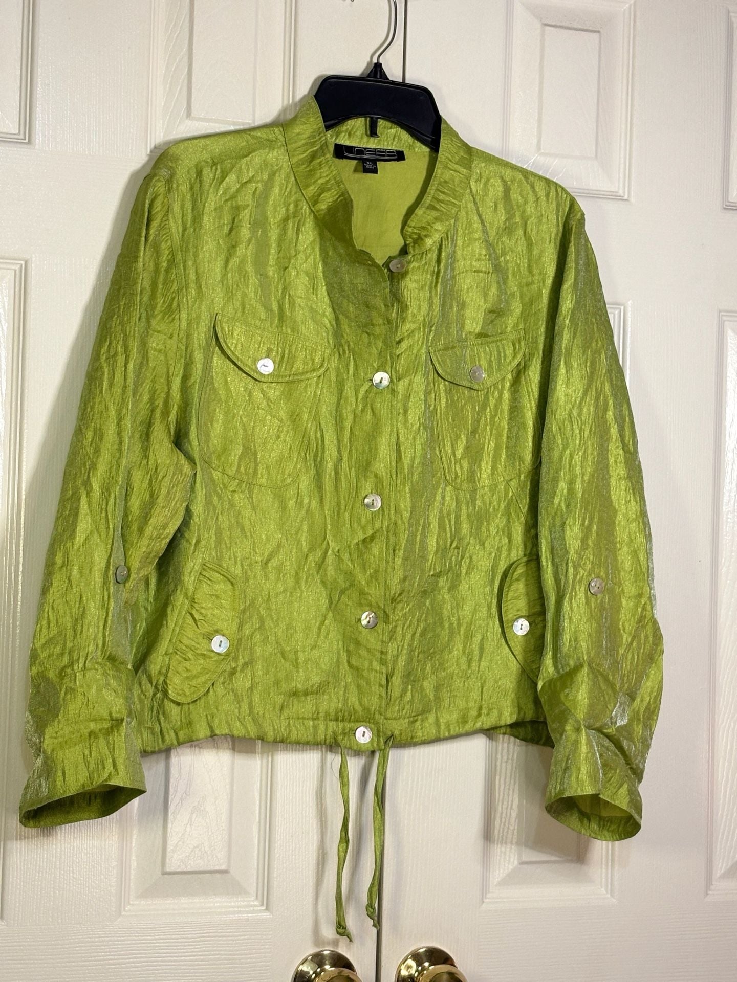 Linea Jacket Size XL Green Crinkled Utility Button Down Drawstring Waist 5