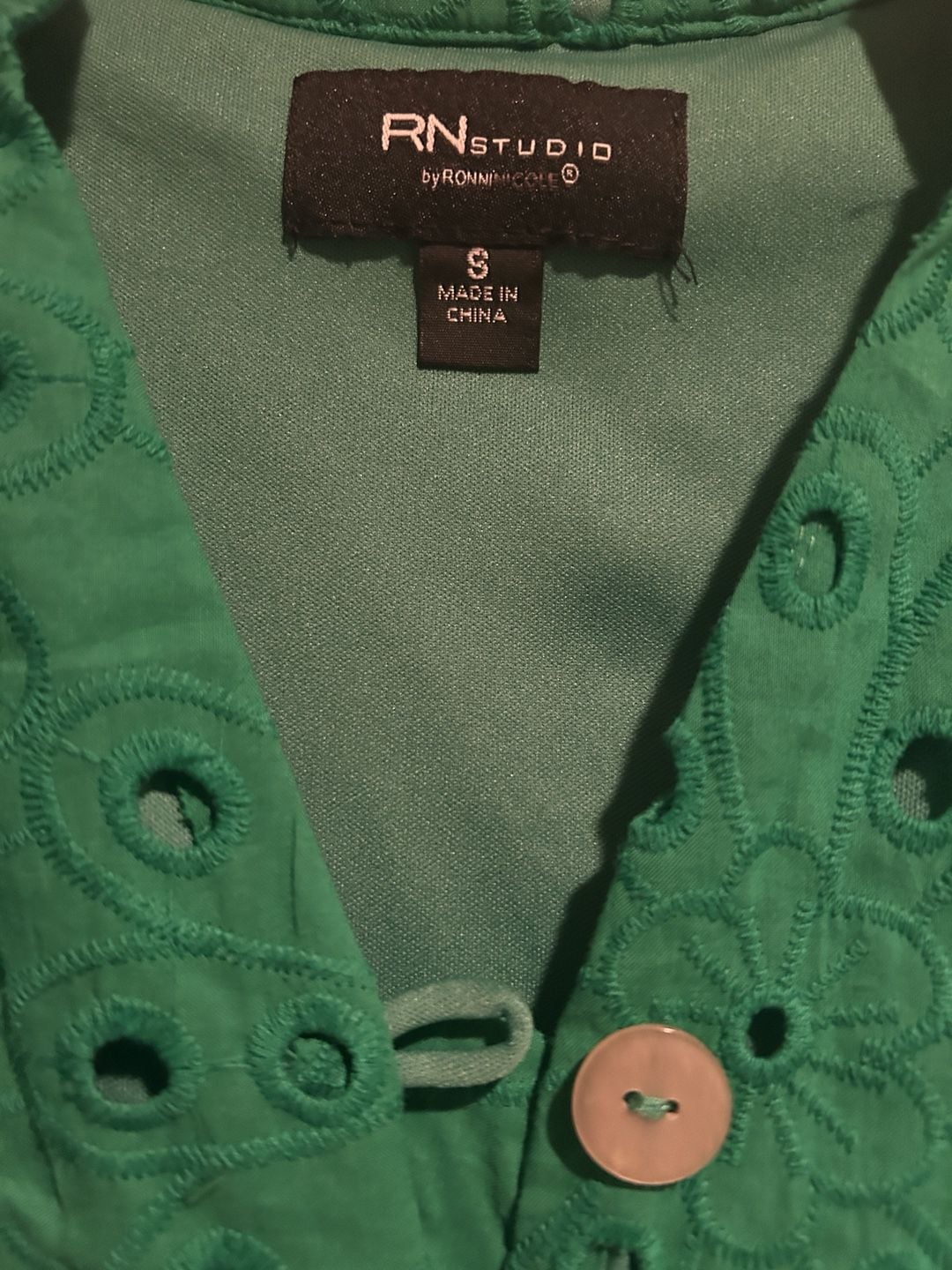 RN Studio by Ronni Nicole Dress Size S Green Eyelet Belted 3/4 Sleeve 3