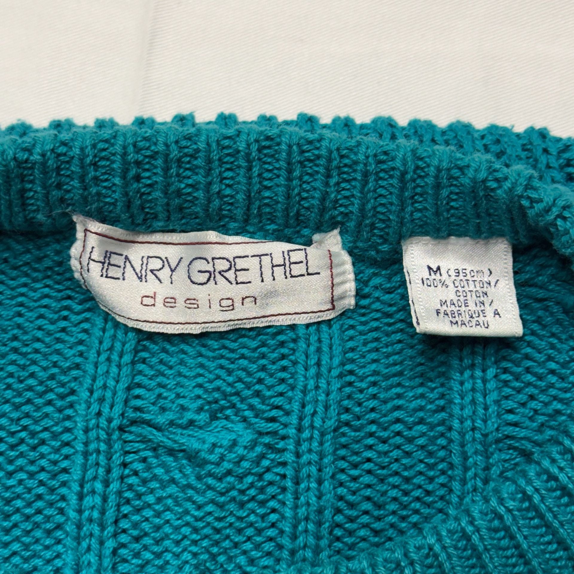 Henry Grethel Design Cable Knit Sweater Size M Teal Cotton 4