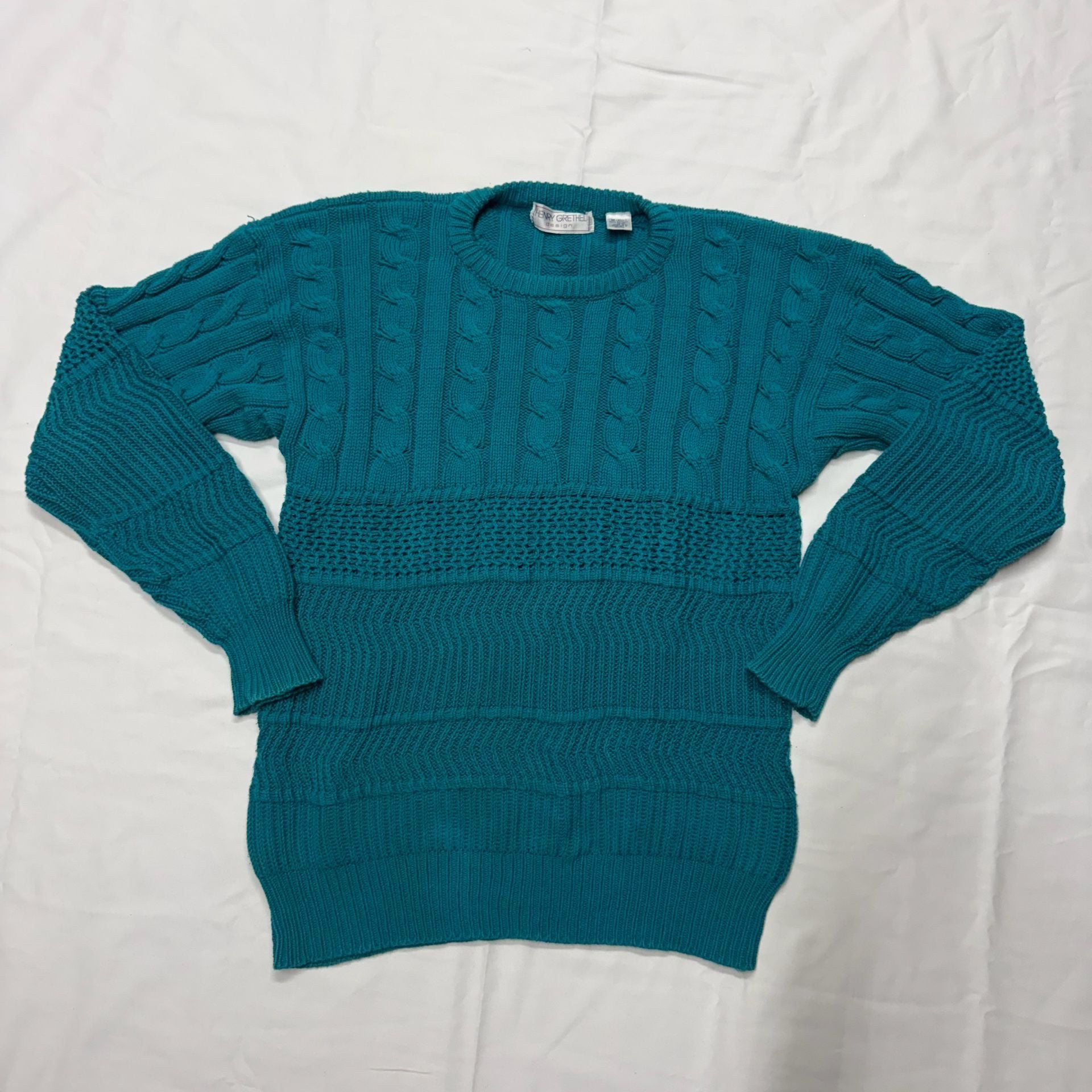 Henry Grethel Design Cable Knit Sweater Size M Teal Cotton 2