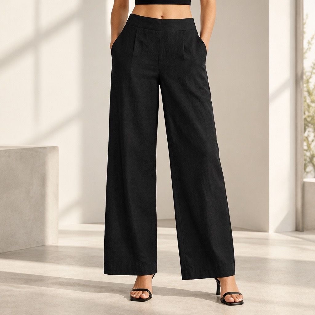 Sharagano Wide Leg Pants Size 18 Black Linen Rayon Suit Trousers 2