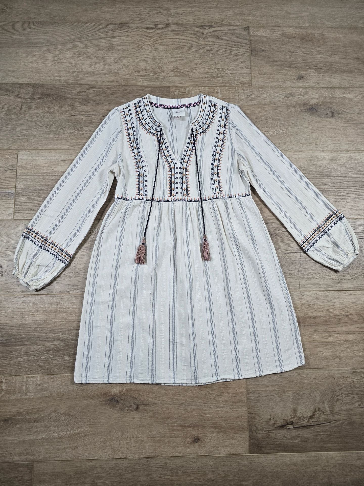 Knox Rose Embroidered Striped Boho Tassel Tunic Dress Cream Navy M 3