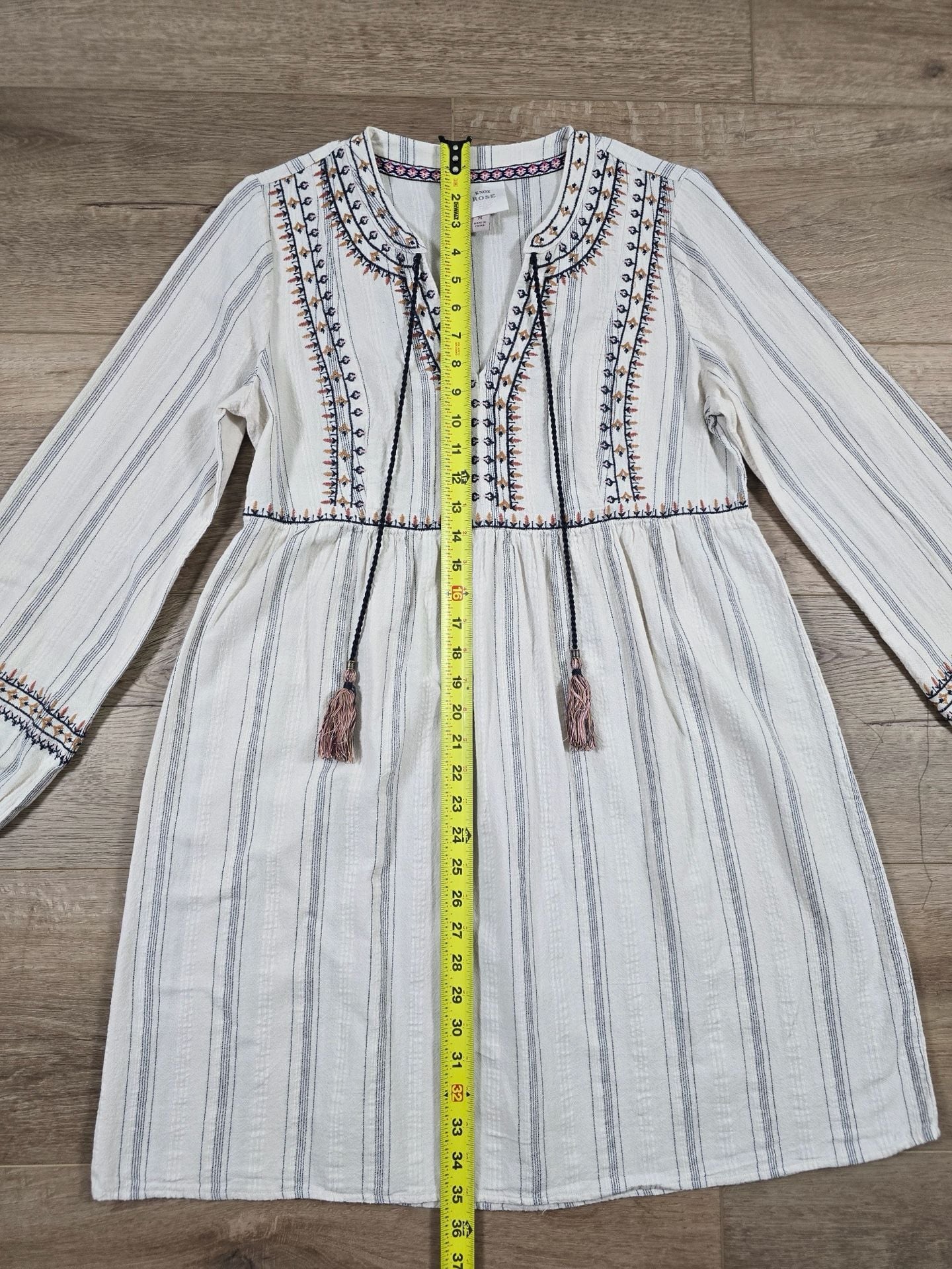 Knox Rose Embroidered Striped Boho Tassel Tunic Dress Cream Navy M 4