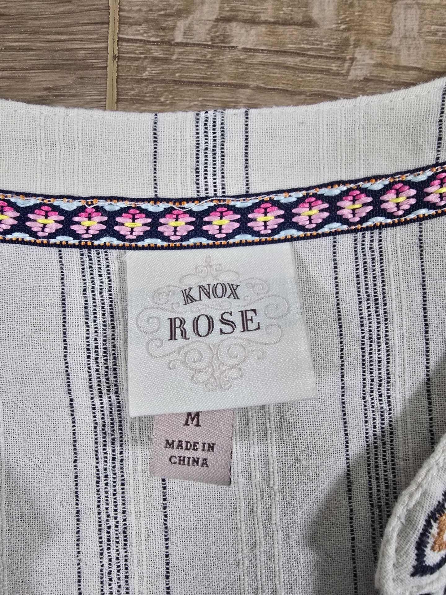 Knox Rose Embroidered Striped Boho Tassel Tunic Dress Cream Navy M 5
