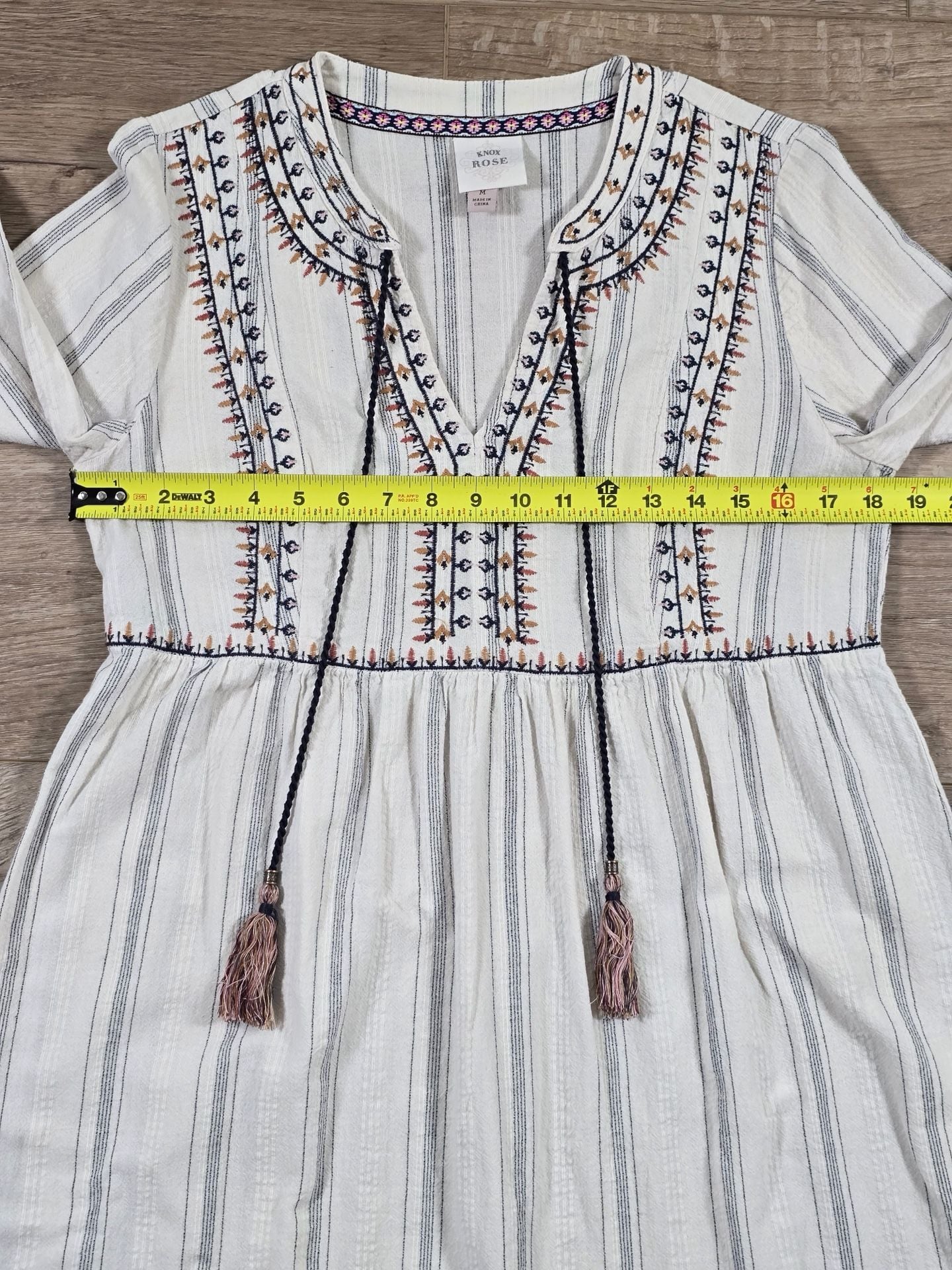 Knox Rose Embroidered Striped Boho Tassel Tunic Dress Cream Navy M 6