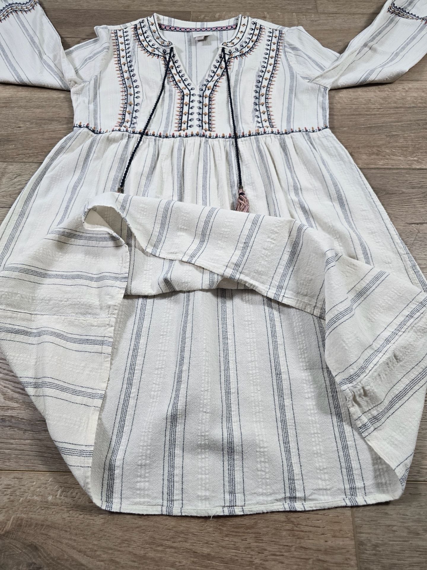 Knox Rose Embroidered Striped Boho Tassel Tunic Dress Cream Navy M 7
