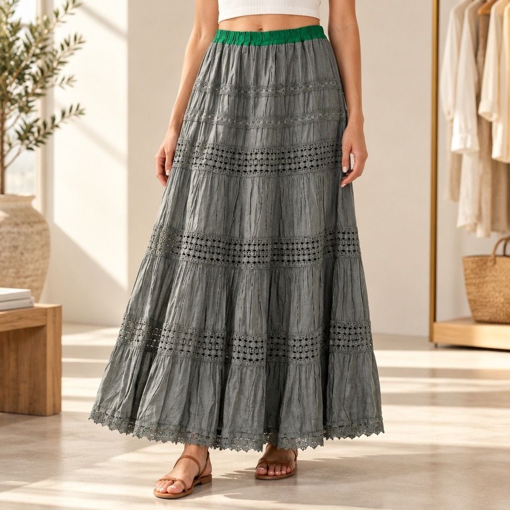 Unbranded Cotton Tiered Maxi Skirt Size L Gray Green Boho Peasant 2