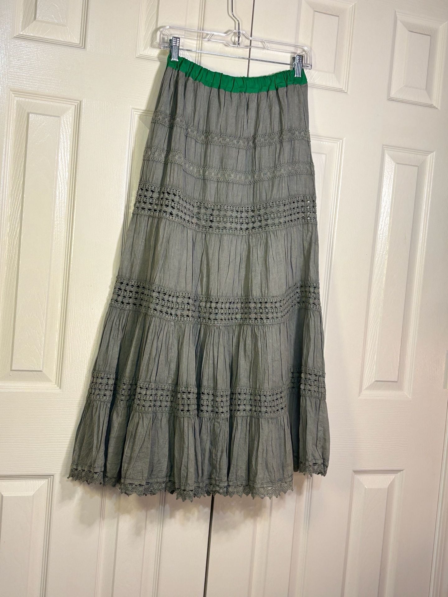 Unbranded Cotton Tiered Maxi Skirt Size L Gray Green Boho Peasant 4