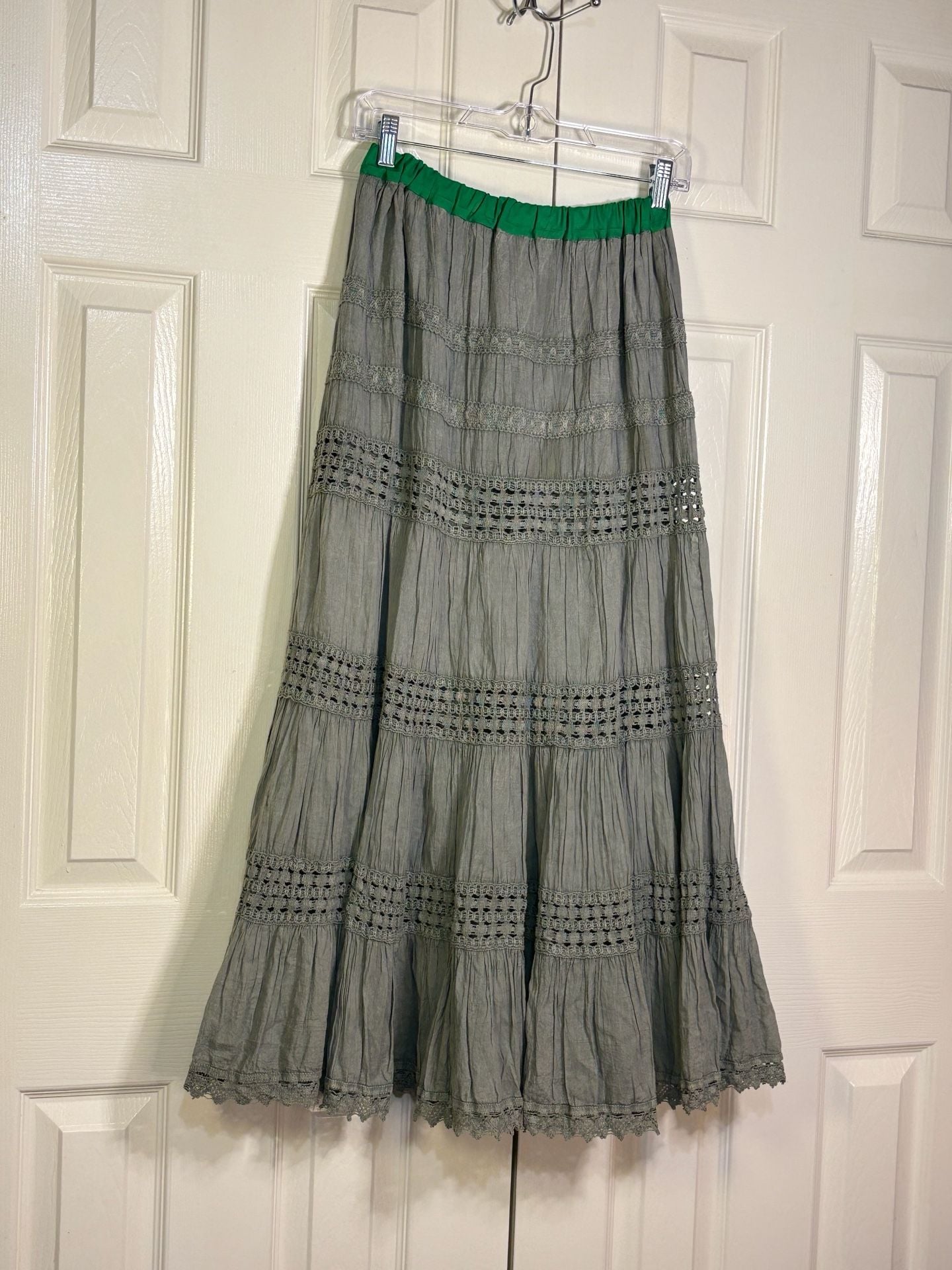 Unbranded Cotton Tiered Maxi Skirt Size L Gray Green Boho Peasant 5