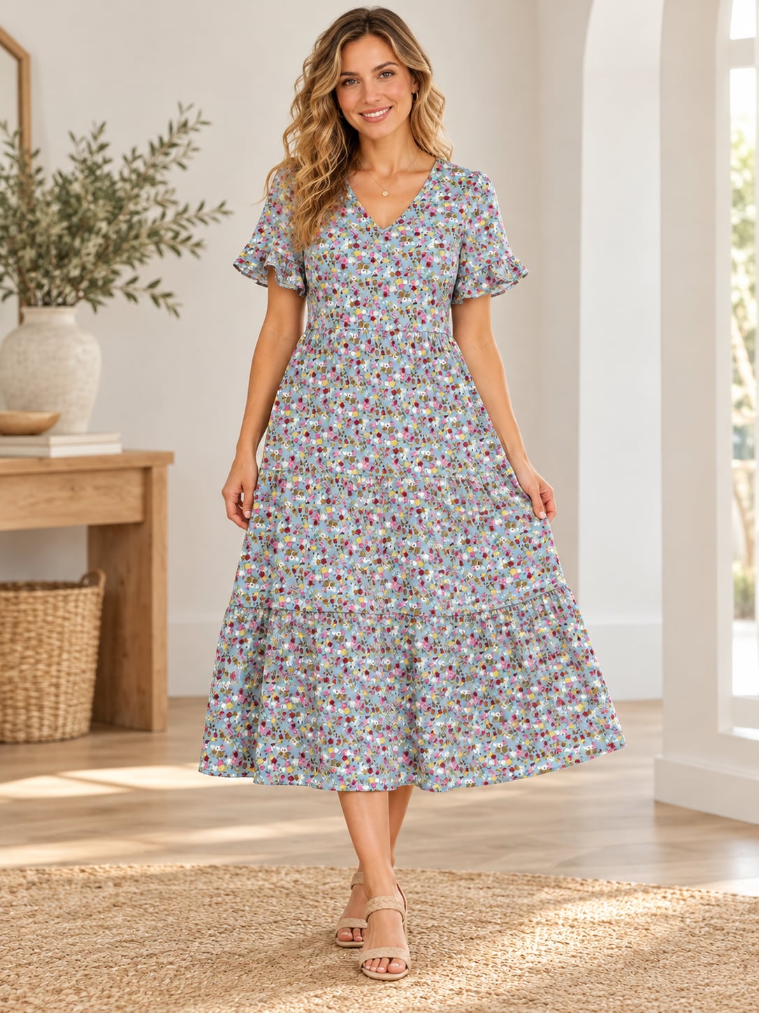 ELINGS Floral Maxi Dress Blue Tiered Flutter Sleeve V Neck Size S NWT 2
