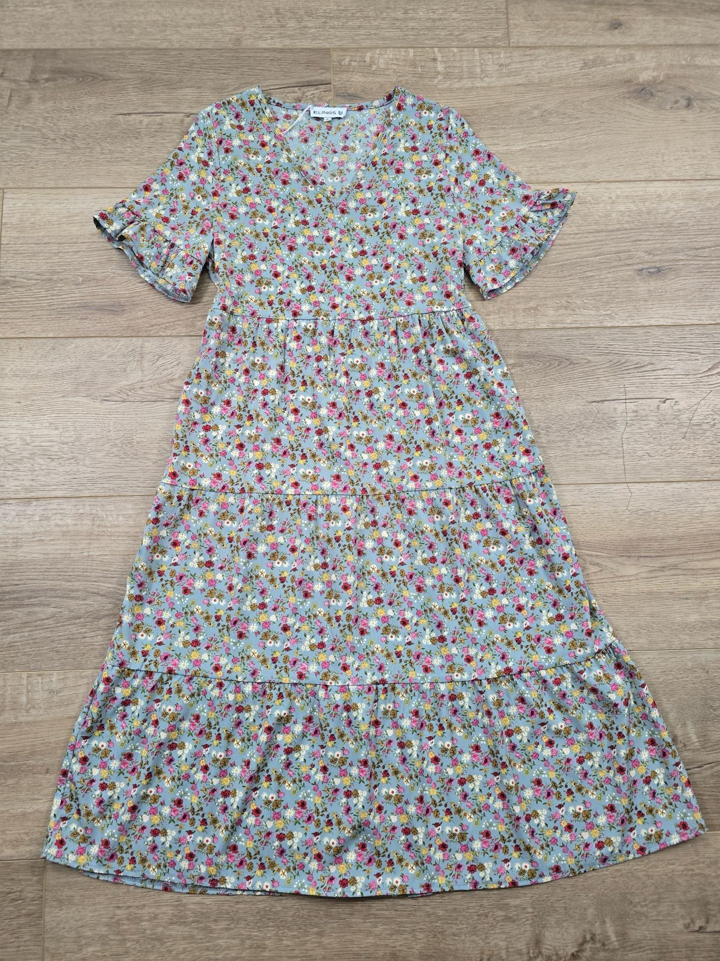 ELINGS Floral Maxi Dress Blue Tiered Flutter Sleeve V Neck Size S NWT 3