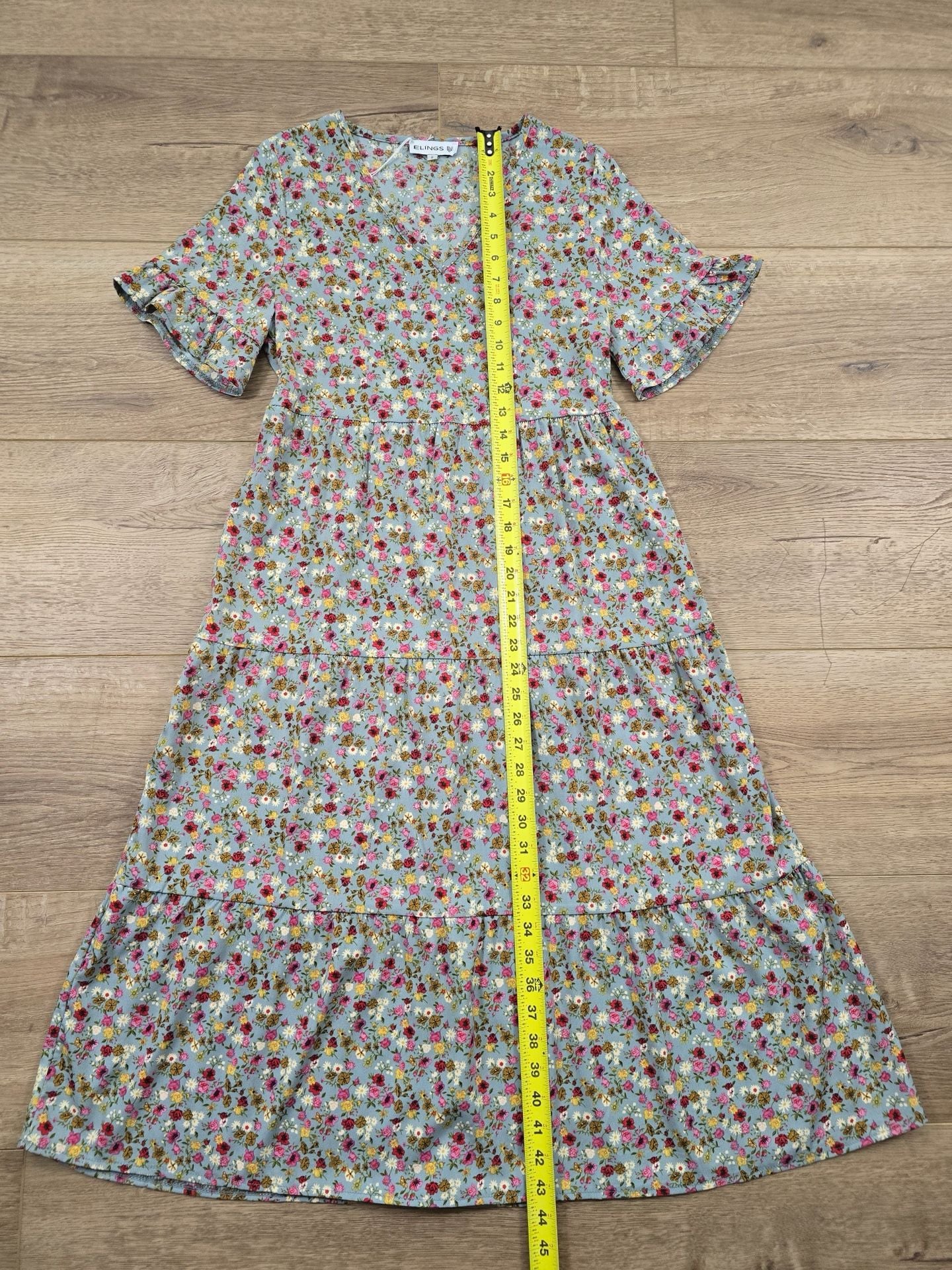 ELINGS Floral Maxi Dress Blue Tiered Flutter Sleeve V Neck Size S NWT 4