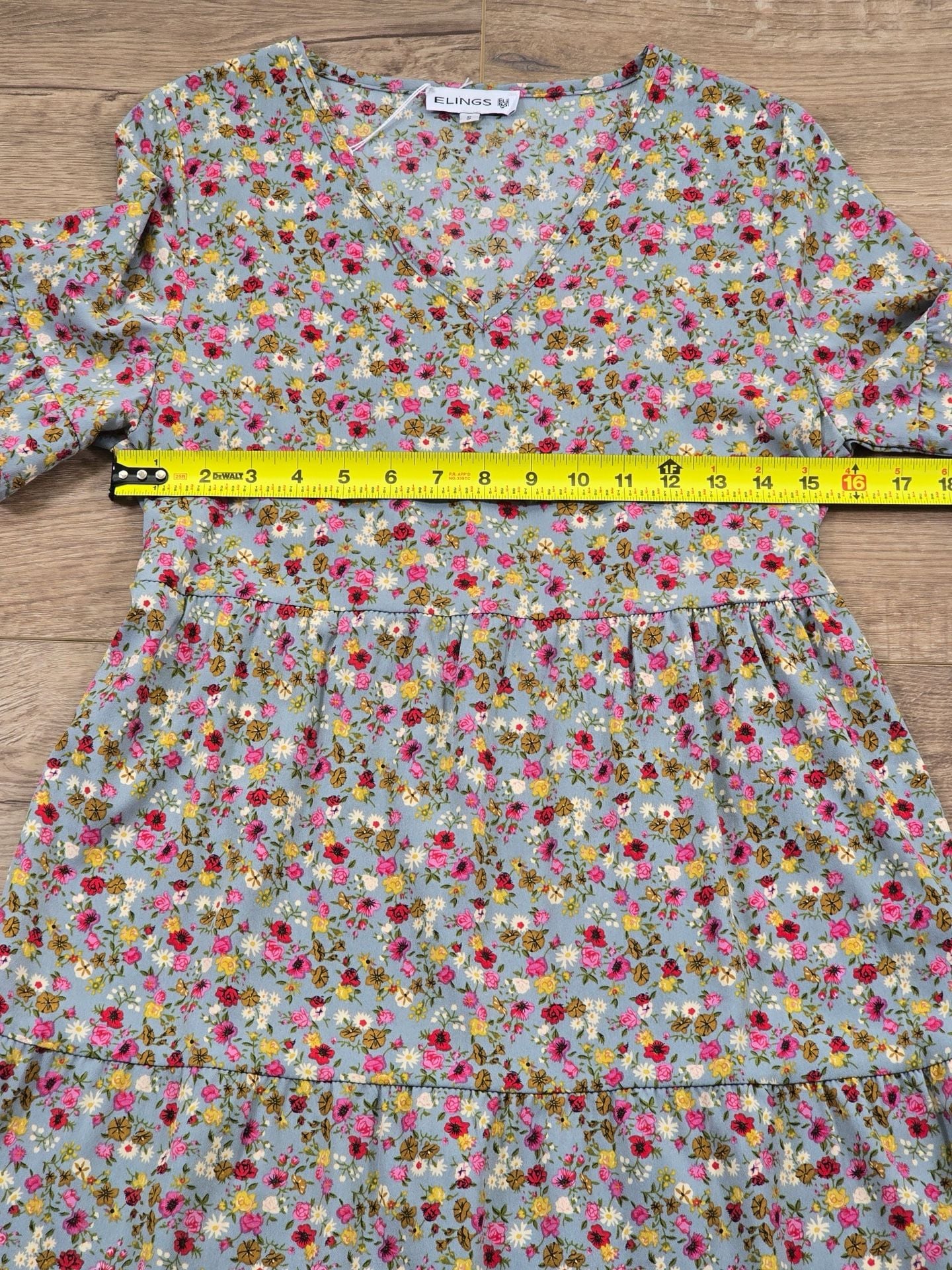 ELINGS Floral Maxi Dress Blue Tiered Flutter Sleeve V Neck Size S NWT 6