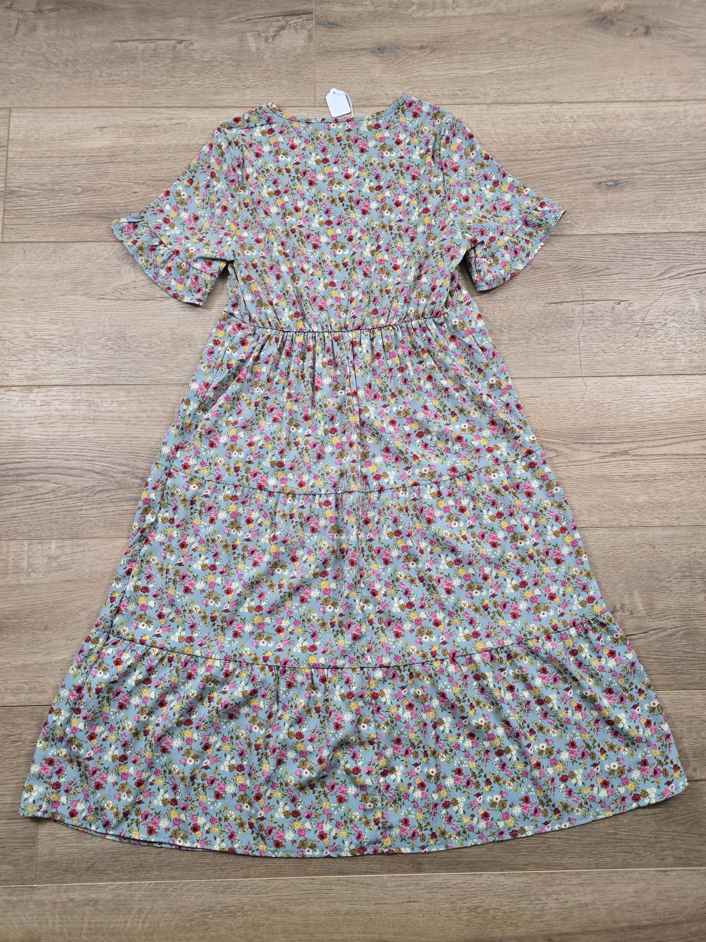 ELINGS Floral Maxi Dress Blue Tiered Flutter Sleeve V Neck Size S NWT 11
