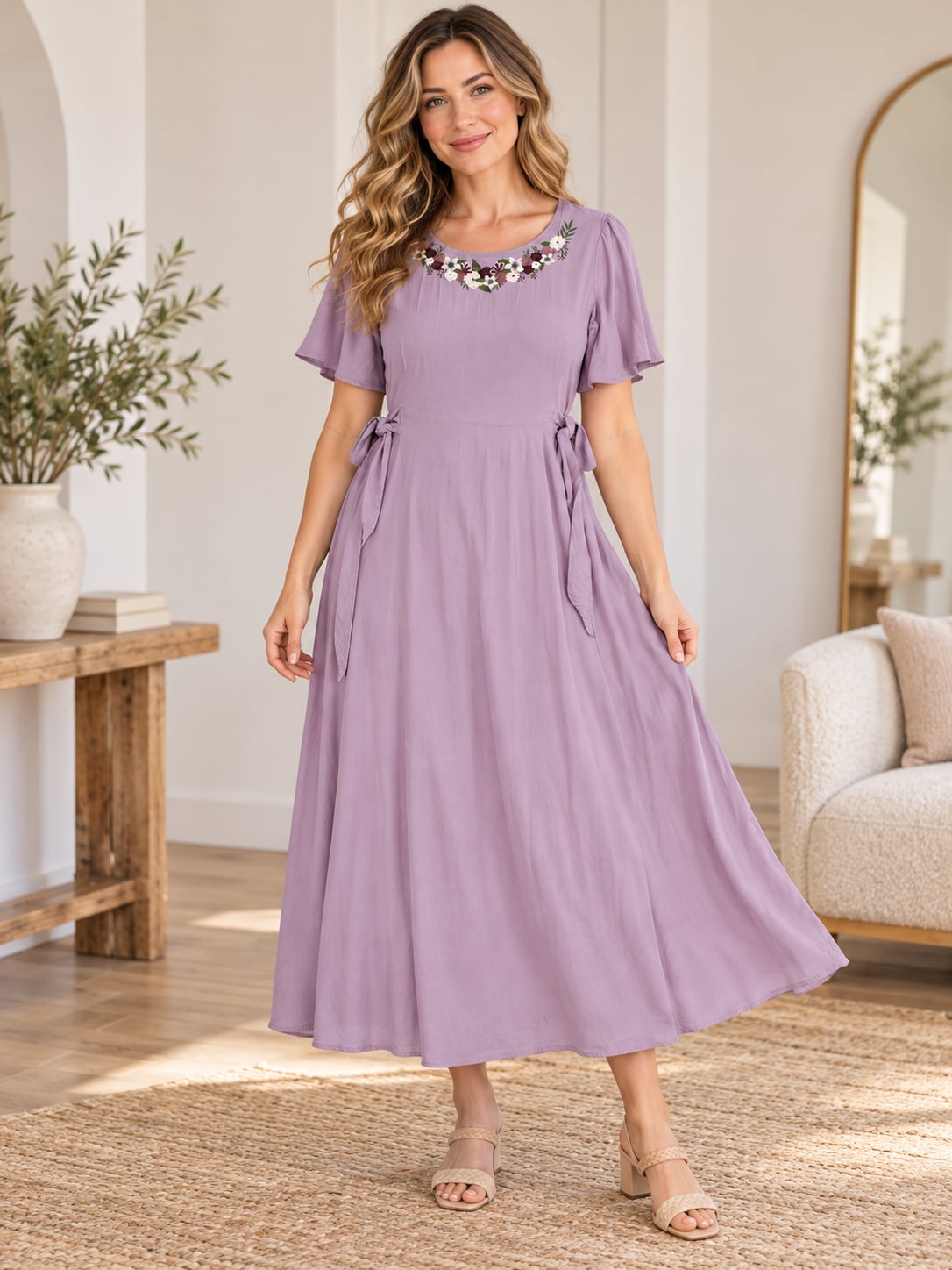 SweetSalt Purple Floral Embroidered Modest Midi Dress Side Tie Size L 2