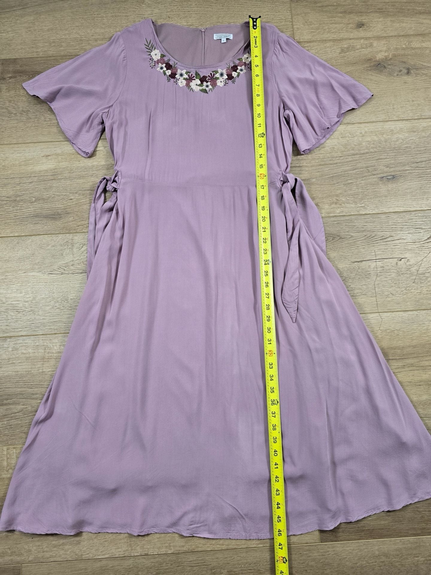 SweetSalt Purple Floral Embroidered Modest Midi Dress Side Tie Size L 4