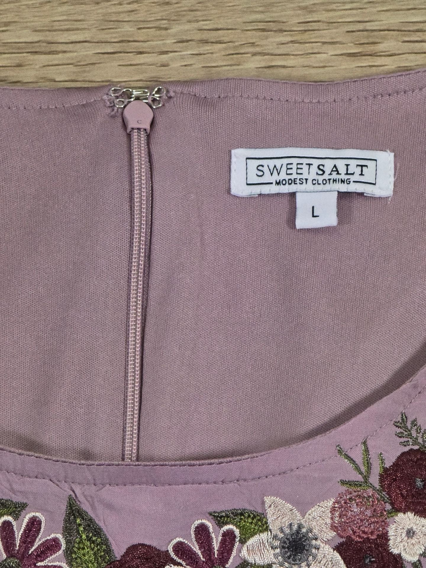 SweetSalt Purple Floral Embroidered Modest Midi Dress Side Tie Size L 6