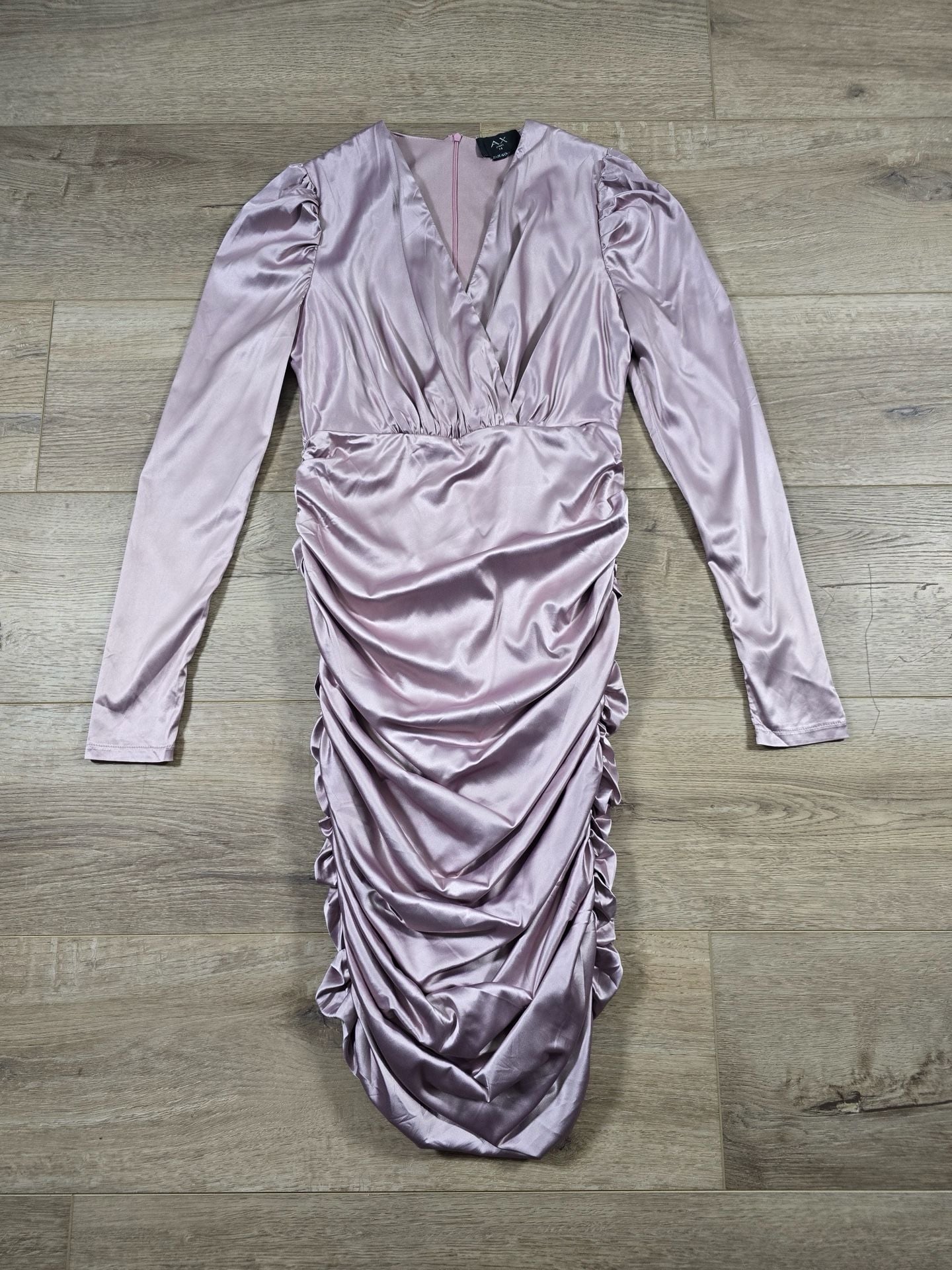 AX Paris Dusty Pink Satin Ruched Midi Dress V Neck Long Sleeve UK 14 3