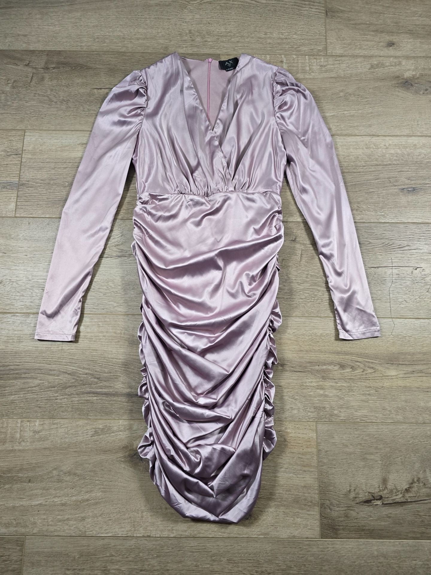 AX Paris Dusty Pink Satin Ruched Midi Dress V Neck Long Sleeve UK 14 4