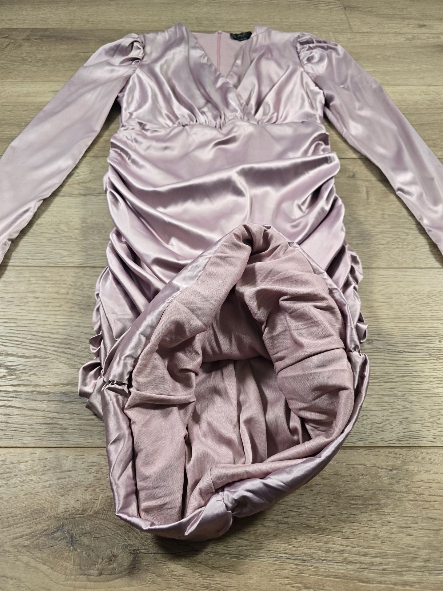 AX Paris Dusty Pink Satin Ruched Midi Dress V Neck Long Sleeve UK 14 6