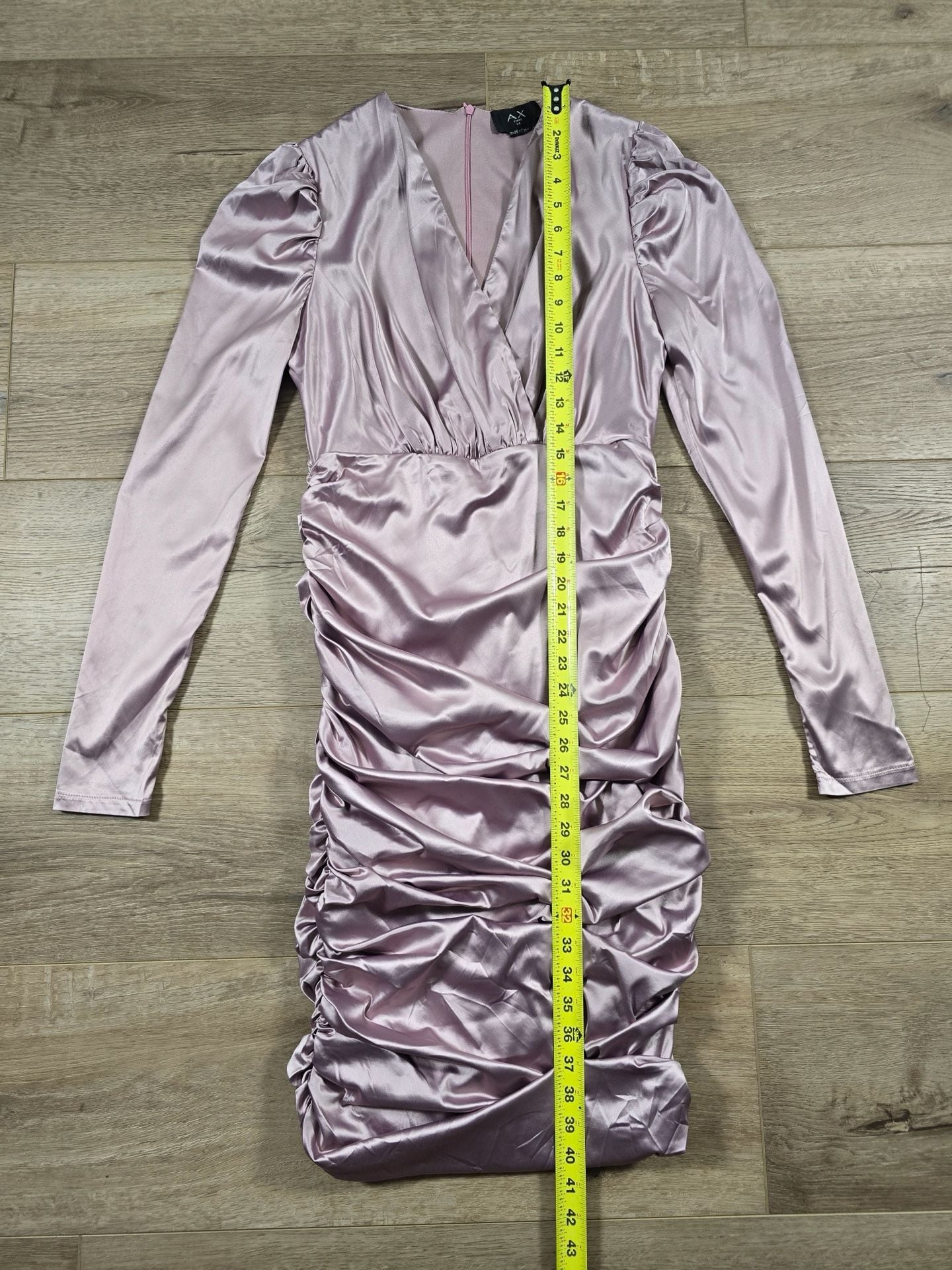 AX Paris Dusty Pink Satin Ruched Midi Dress V Neck Long Sleeve UK 14 7