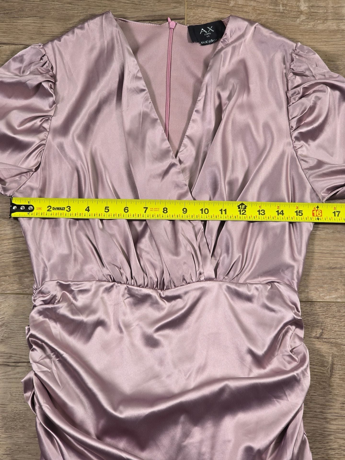 AX Paris Dusty Pink Satin Ruched Midi Dress V Neck Long Sleeve UK 14 9