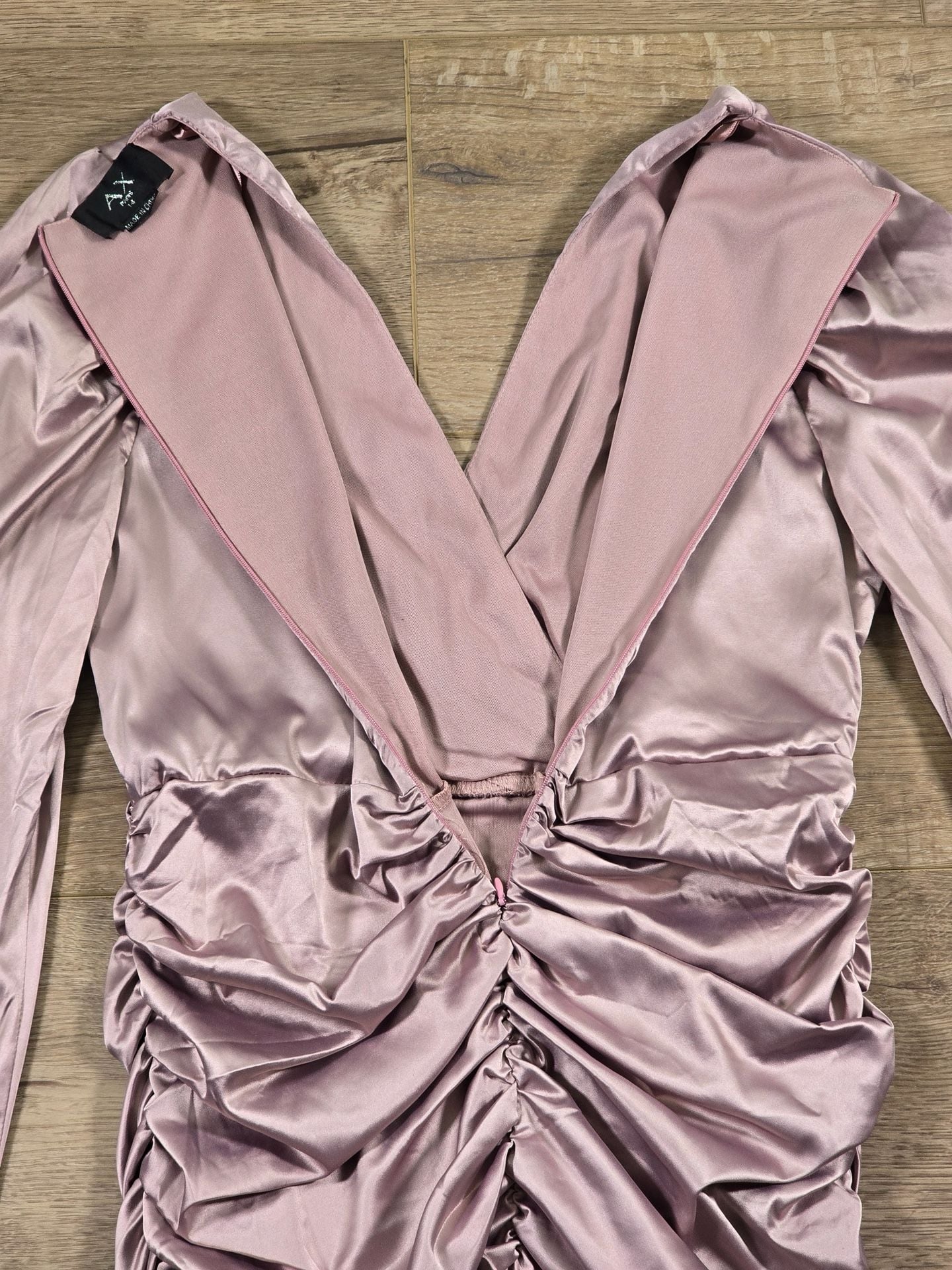 AX Paris Dusty Pink Satin Ruched Midi Dress V Neck Long Sleeve UK 14 10