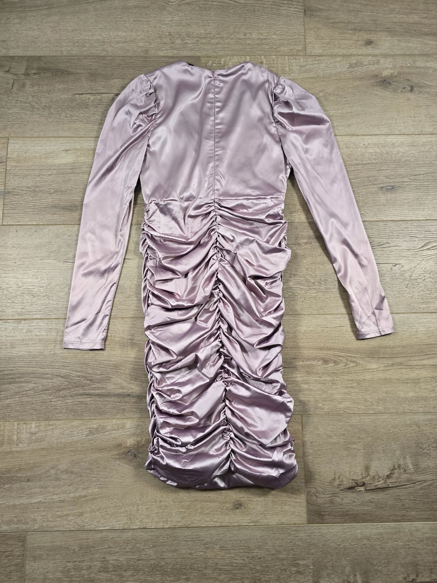 AX Paris Dusty Pink Satin Ruched Midi Dress V Neck Long Sleeve UK 14 11