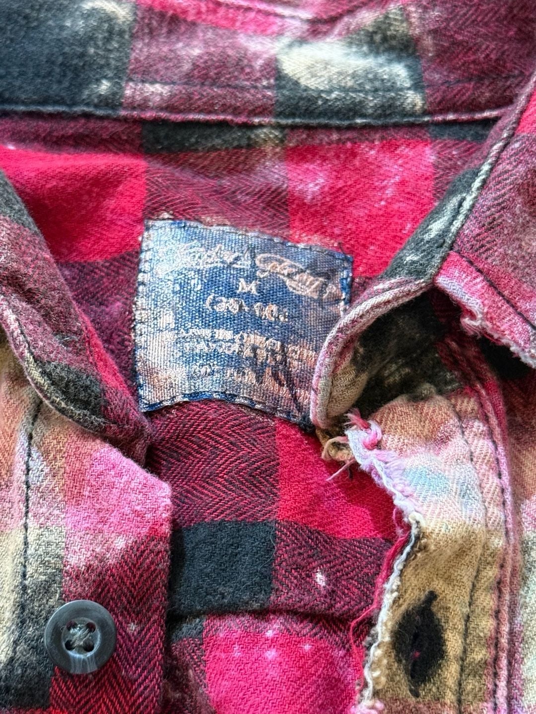 A Rare Bird Flannel Shirt Size M Red Black Bleach Wash Distressed (b1) 7