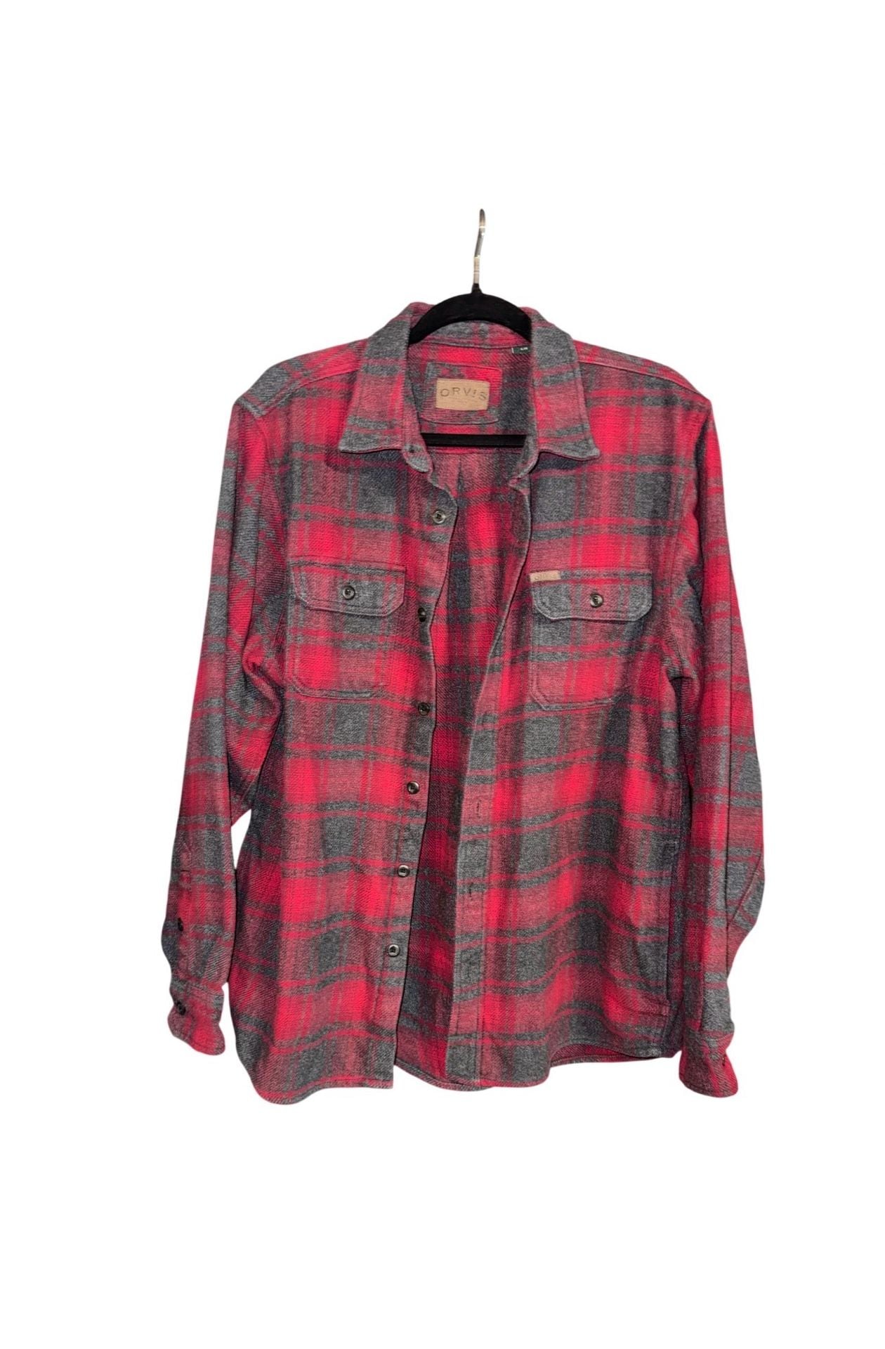Orvis Men's XL Heavyweight Flannel Shirt
Red and Dark Plaid Button Front 4