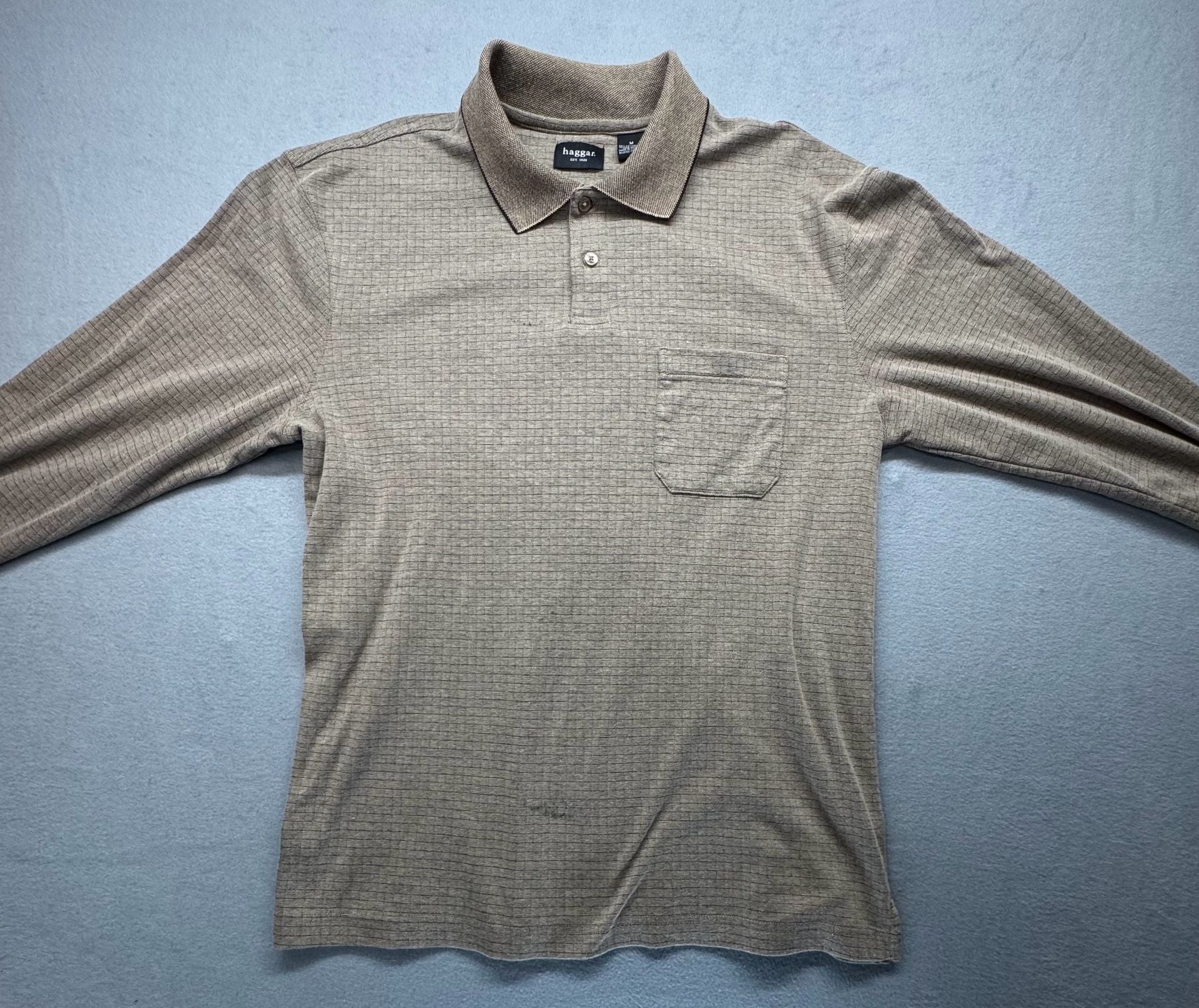 Haggar Long Sleeve Polo Shirt Size M Brown Textured Pocket 9