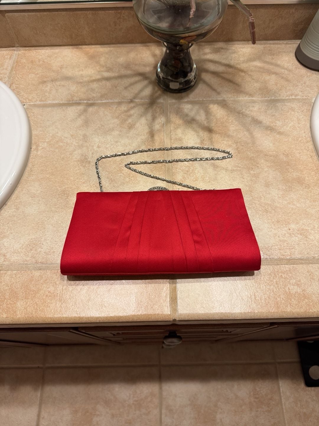 Red Satin Evening Clutch with Chain Strap 2