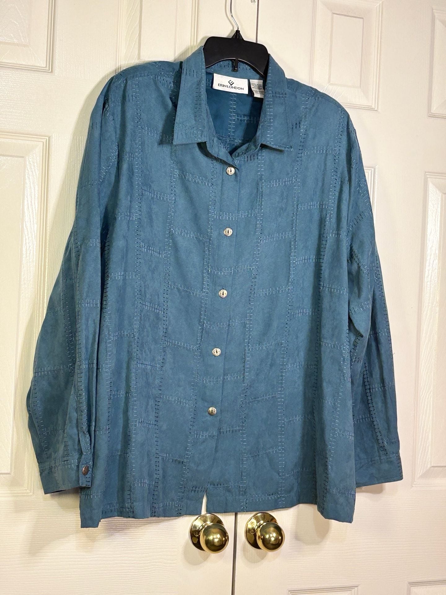 Erin London Button-Down Shirt Size 3X Muted Teal Faux Suede Embroidered 4