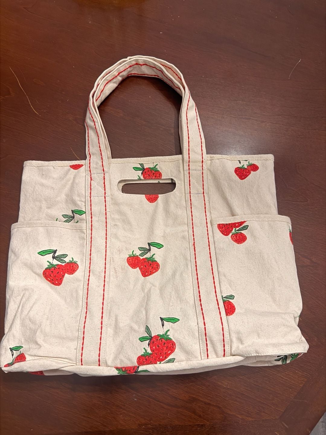 Unbranded Strawberry Print Canvas Tote Bag Multi Pocket Cream 2
