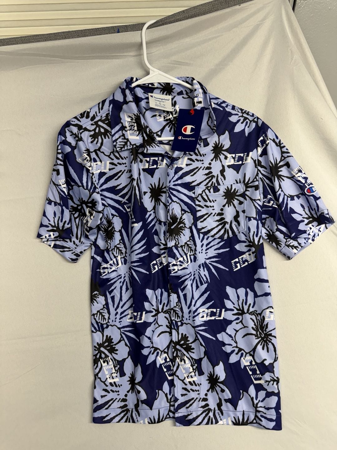 Champion Ultrafuse GCU Floral Button Down Shirt Size S Blue Hawaiian 2