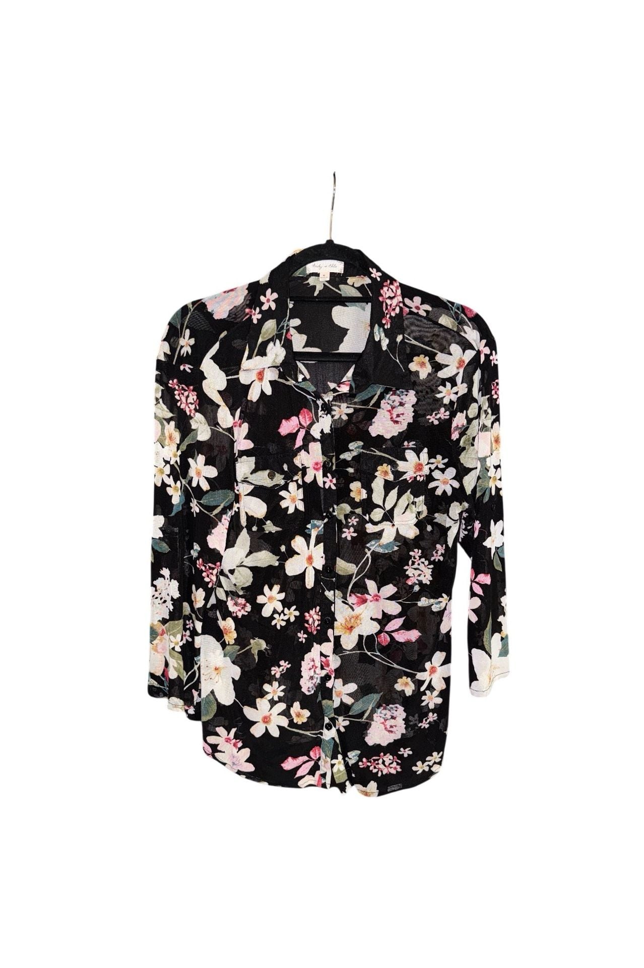 Baily & Chloe Button-Down Shirt Size M Black Floral Mesh 4