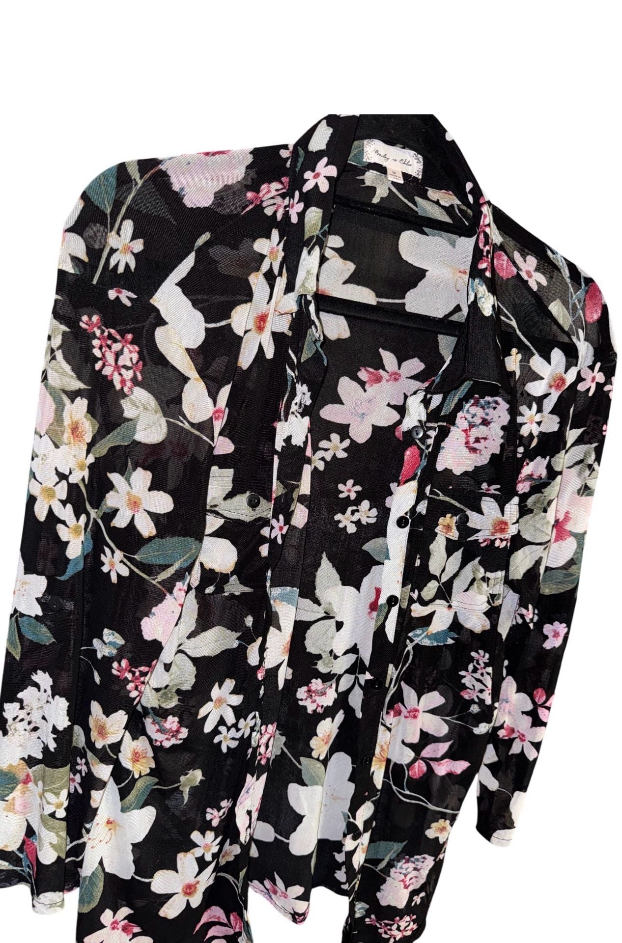 Baily & Chloe Button-Down Shirt Size M Black Floral Mesh 6