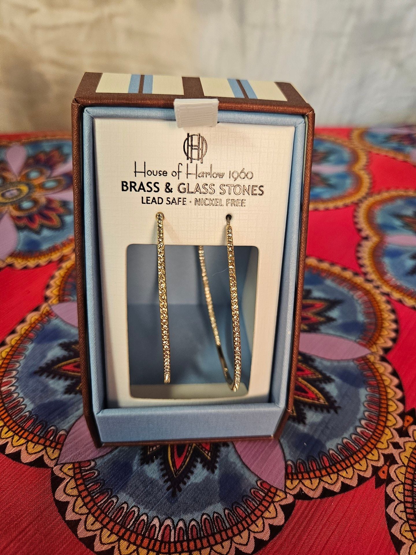 House of Harlow 1960 Brass And Glass Stones Hoop Earrings 1