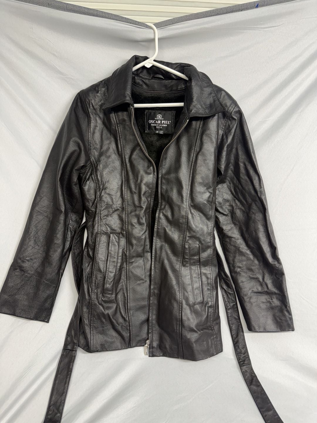 Vintage Oscar Piel Leather Jacket Size M Black Faux Fur Lined Belted Coat 2