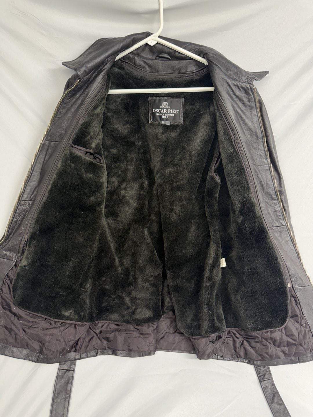 Vintage Oscar Piel Leather Jacket Size M Black Faux Fur Lined Belted Coat 4
