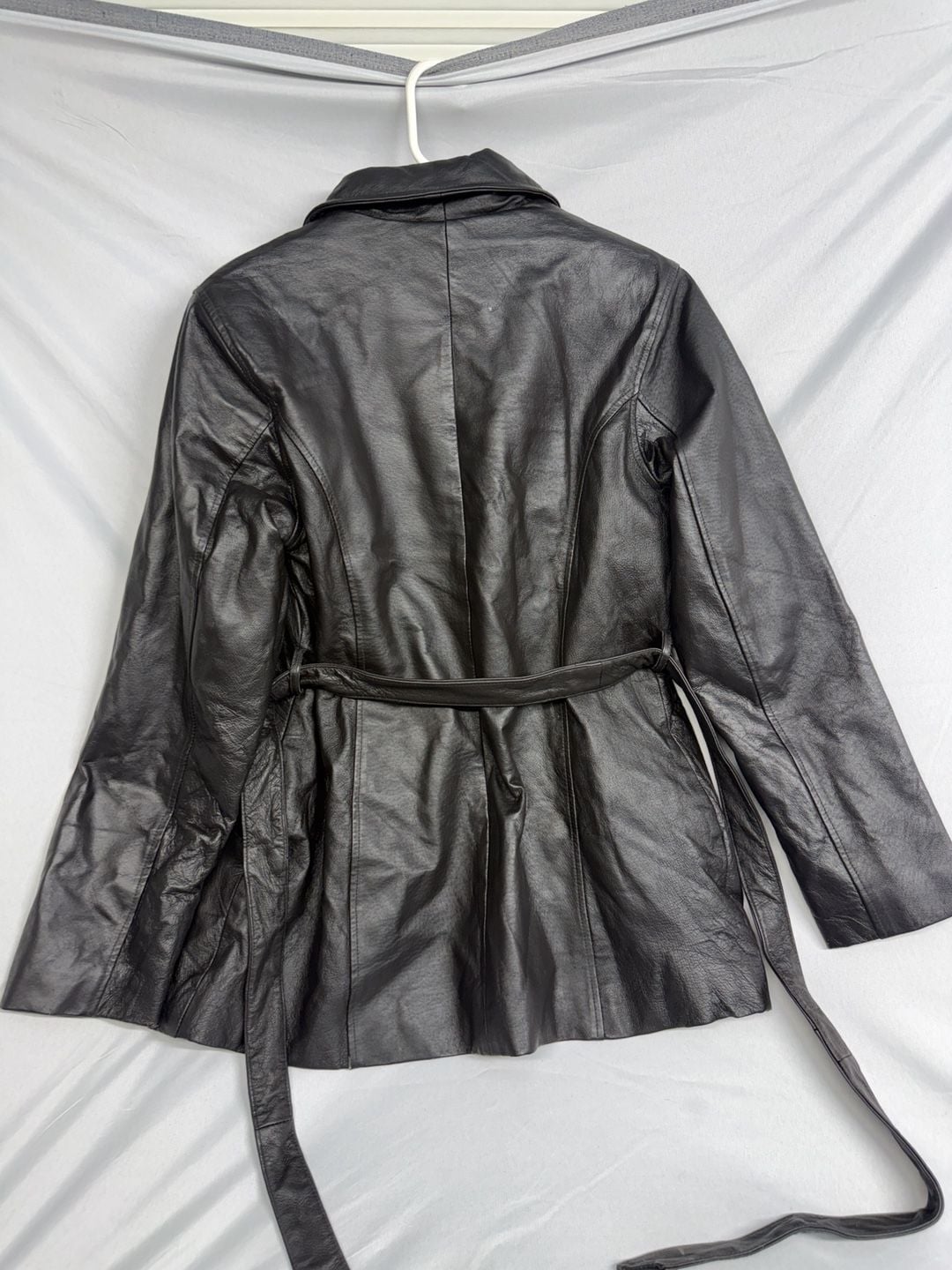 Vintage Oscar Piel Leather Jacket Size M Black Faux Fur Lined Belted Coat 5