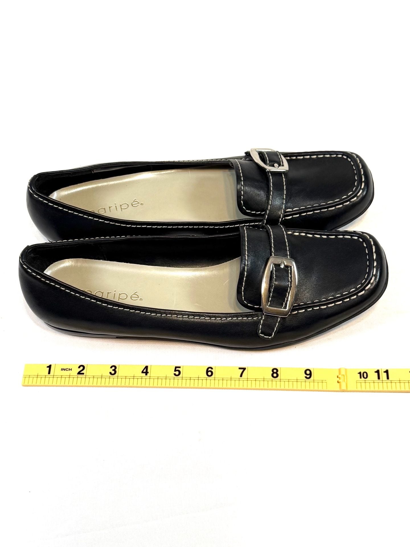Maripé Women's Loafers Size 11 M Old Money Preppy Y2K Quiet Luxury Dark Academia Black Leather Silver Buckle Contrast Stitch Square Toe Slip On 3