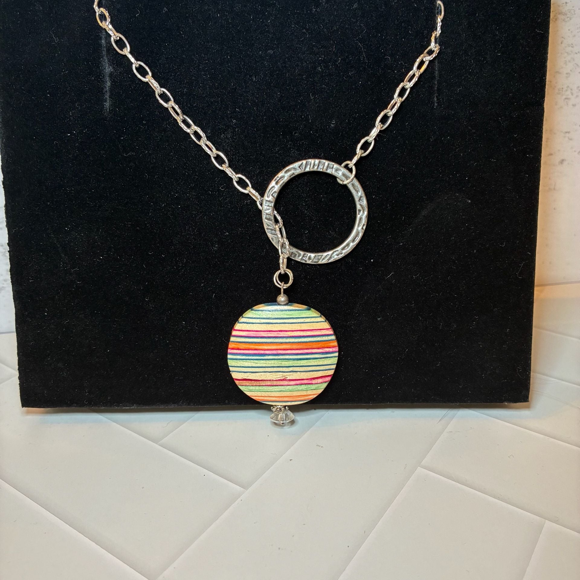 Artisan Handmade Multi Color Wood Striped Pendant Necklace 2