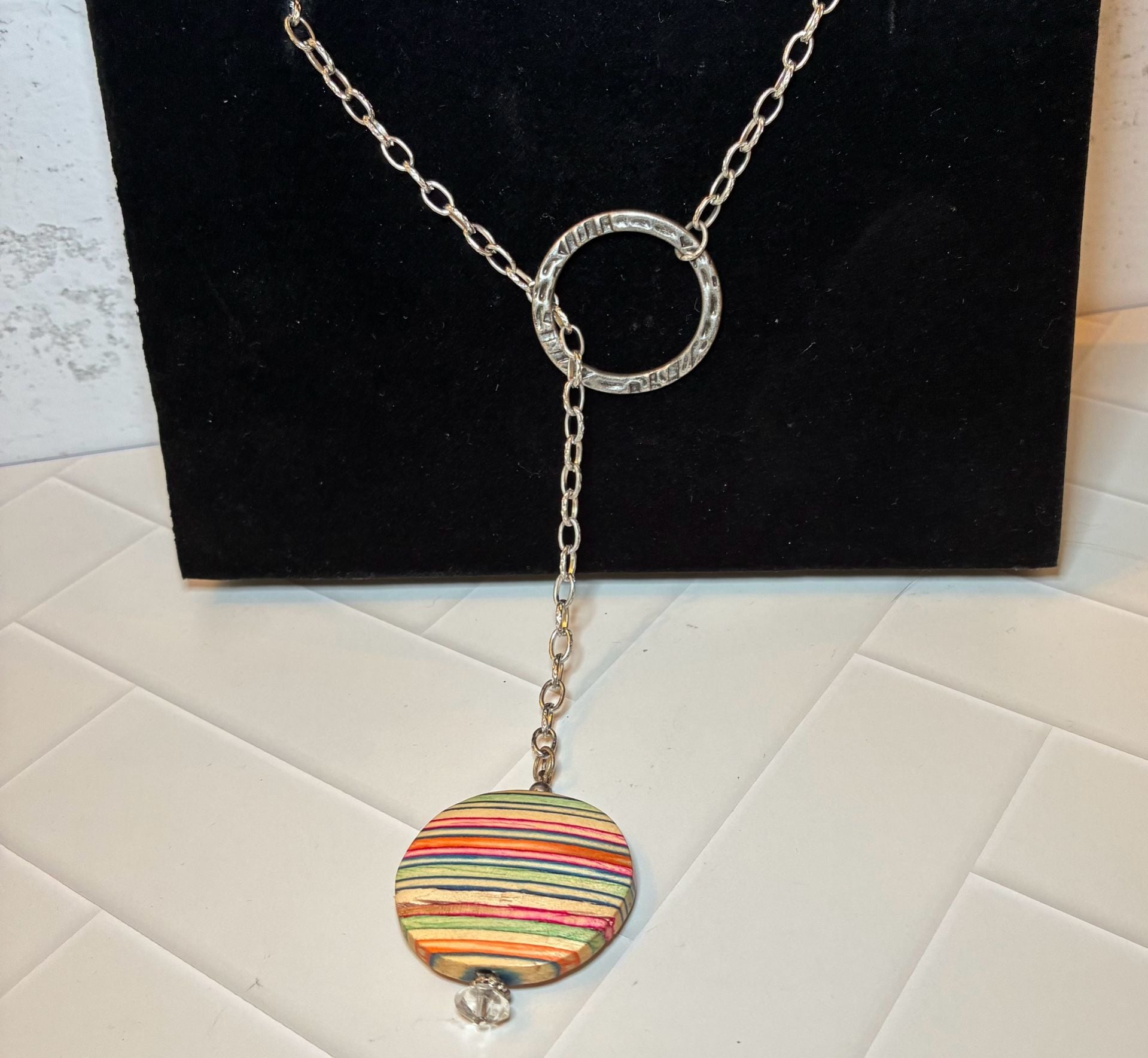 Artisan Handmade Multi Color Wood Striped Pendant Necklace 3