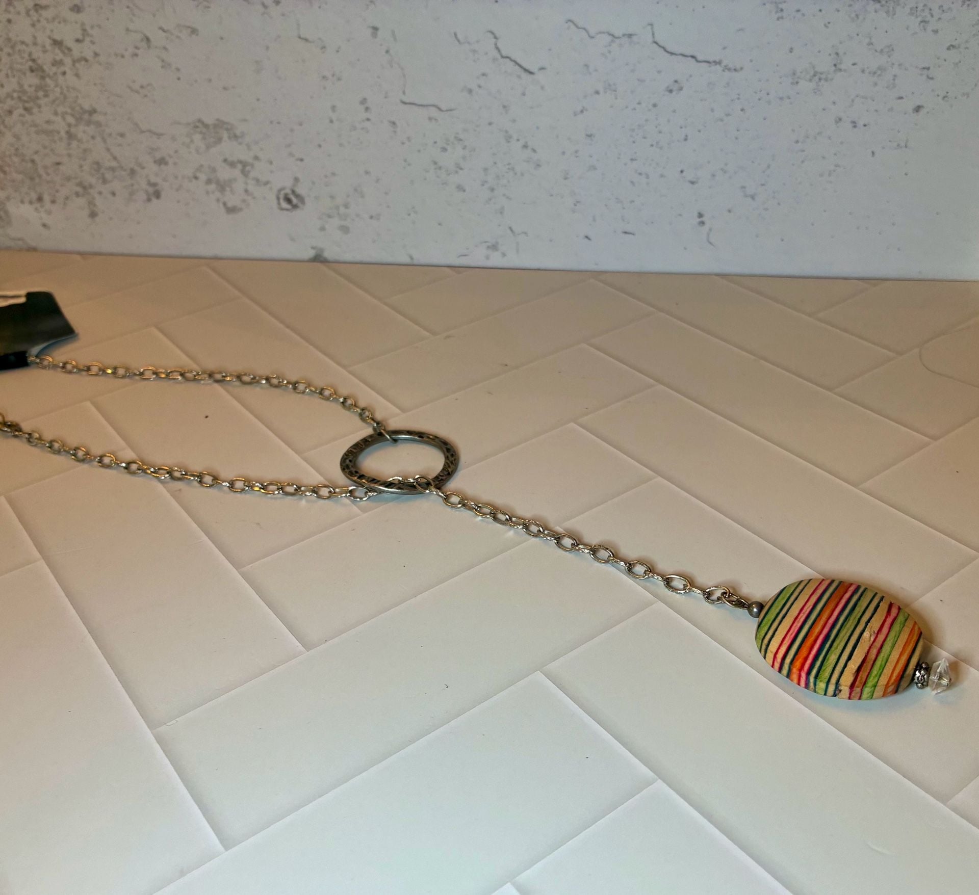 Artisan Handmade Multi Color Wood Striped Pendant Necklace 5
