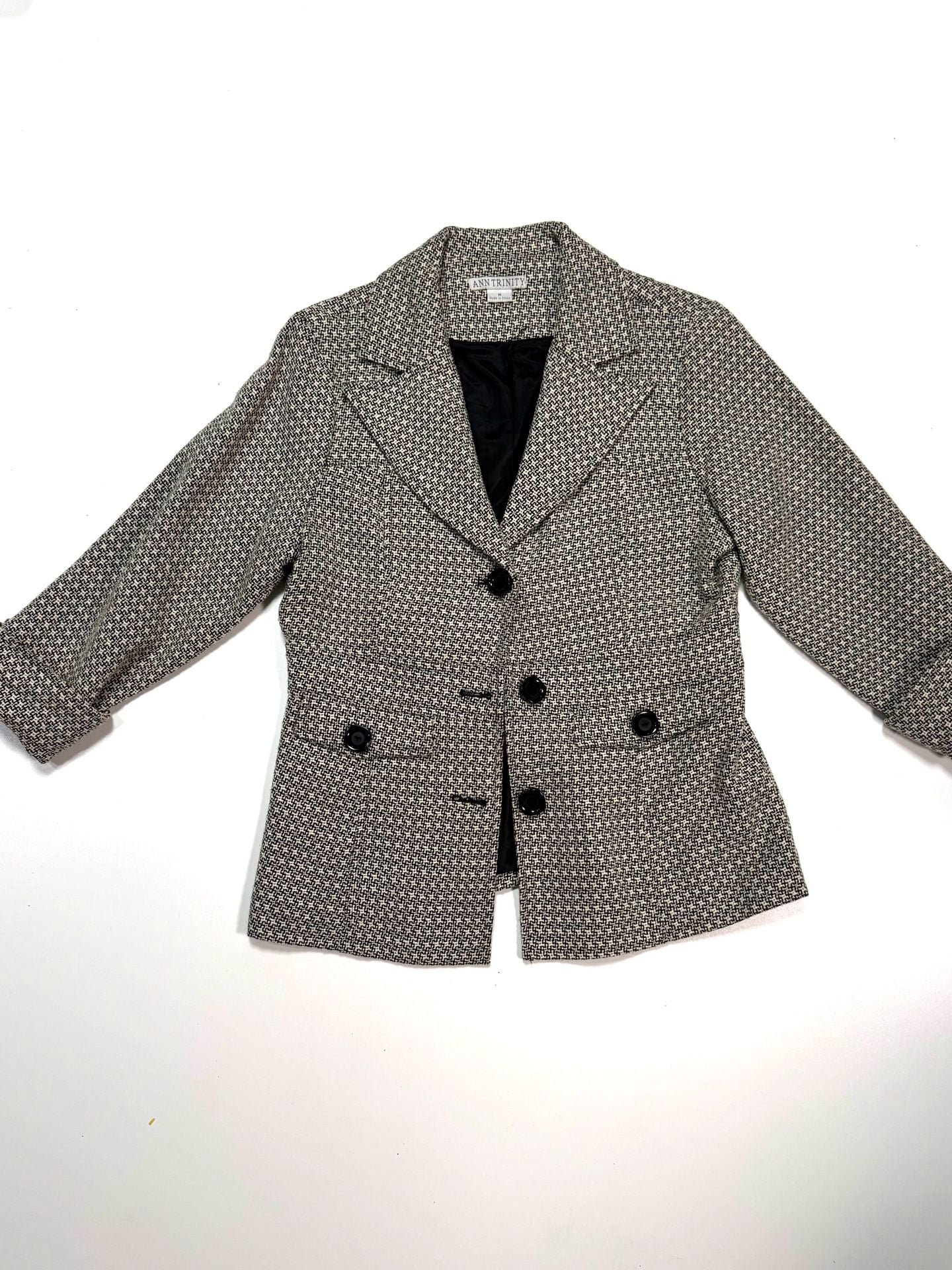 Ann Trinity Women's Blazer Size M Old Money Dark Academia Preppy Heritage Y2K Black Cream Houndstooth Tweed Peplum 3/4 Sleeve Cuffed Button Front Lined 2