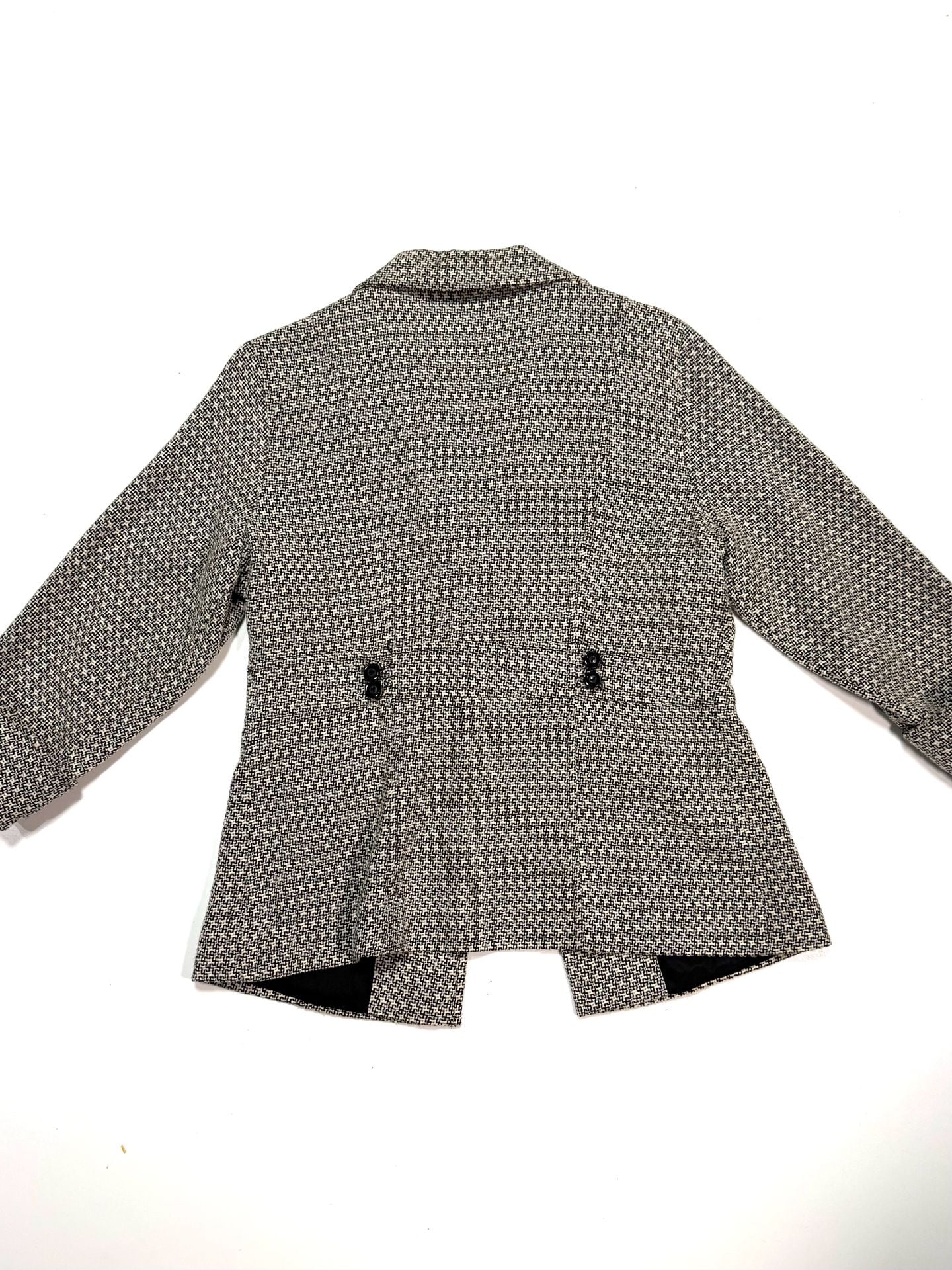 Ann Trinity Women's Blazer Size M Old Money Dark Academia Preppy Heritage Y2K Black Cream Houndstooth Tweed Peplum 3/4 Sleeve Cuffed Button Front Lined 3
