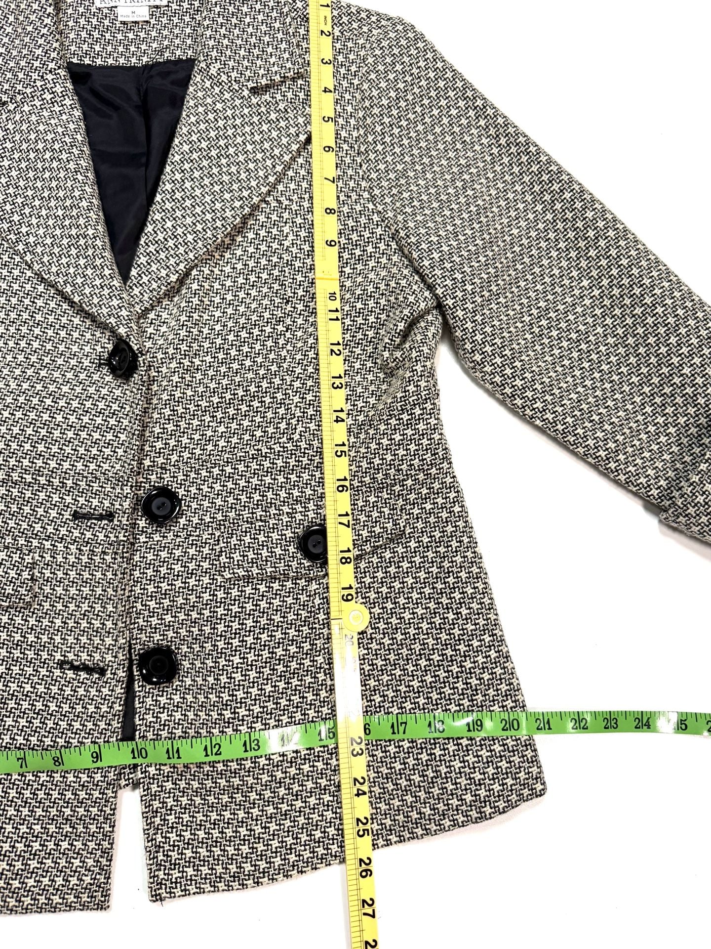 Ann Trinity Women's Blazer Size M Old Money Dark Academia Preppy Heritage Y2K Black Cream Houndstooth Tweed Peplum 3/4 Sleeve Cuffed Button Front Lined 4