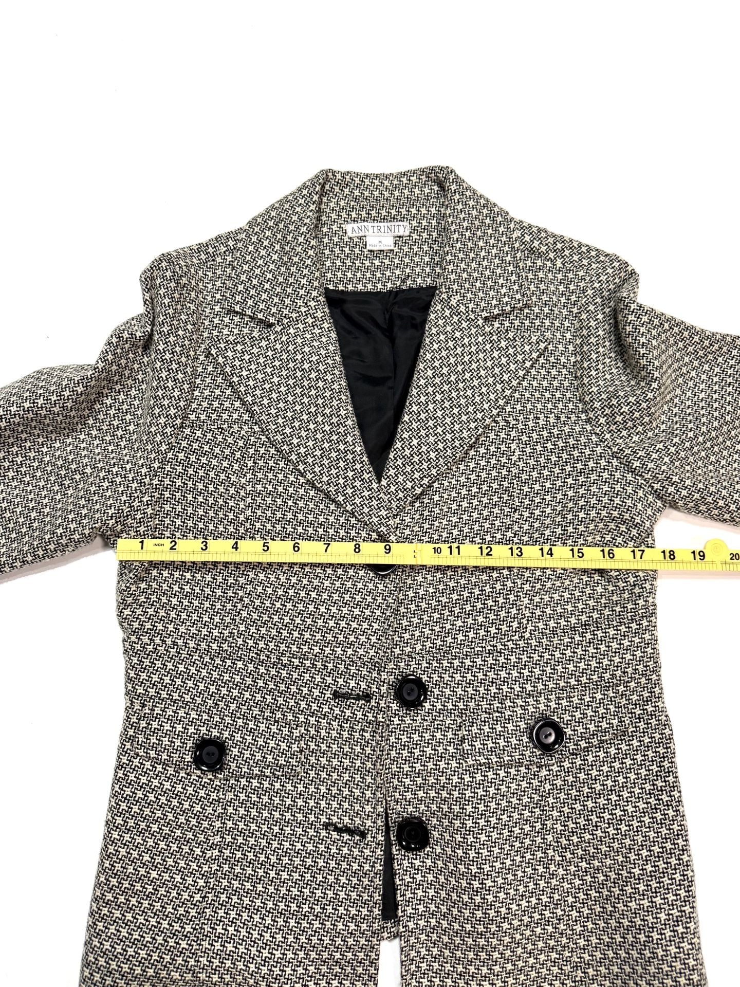 Ann Trinity Women's Blazer Size M Old Money Dark Academia Preppy Heritage Y2K Black Cream Houndstooth Tweed Peplum 3/4 Sleeve Cuffed Button Front Lined 5
